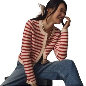 Anthropologie x NVLT Red & Cream Classic Striped Cardigan gold buttons, size XS